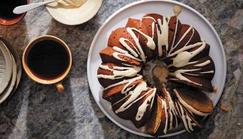 pumpkin bundt with maple cream on dish