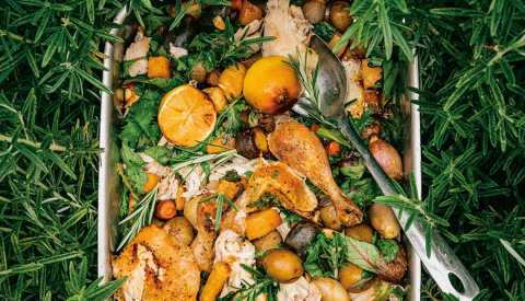 root vegetable and roast chicken pan stew