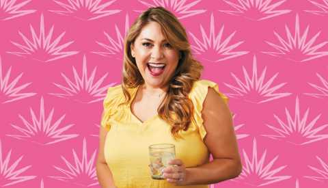 Jenny Martinez against pink background with designs