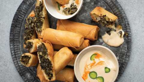collard green spring rolls with hot sauce mayo dip