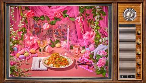 brown 1980s TV showing plate of chicken country captain in a very pink, very ornate setting with a glass of white wine, tall pink candle, pink and white flowers, pastel eggs, pink curtains and ribbon, black cat eye glasses, a lace glove, and more