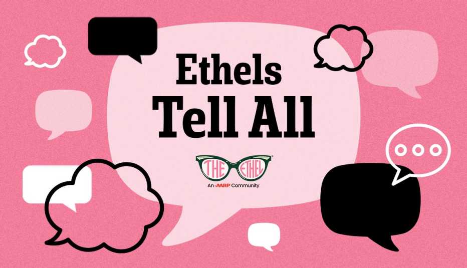 a pink speech bubble that says ethels tell all