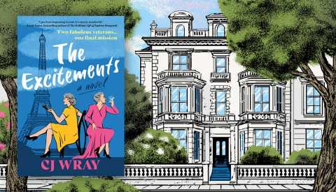 cover of the excitements by cj wray overlaid on an illustration of a three-story stately white european building with trees and flowering buildings in the foreground