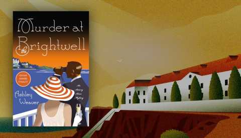 Murder at the Brightwell book cover and illustration of a long white building on a cliff