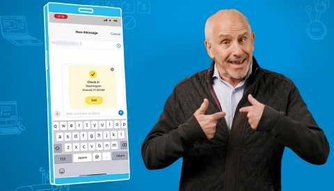 Tech Guru Phone Check In AARP Tech Writer Edward Baig next to a phone illustration in front of a blue background