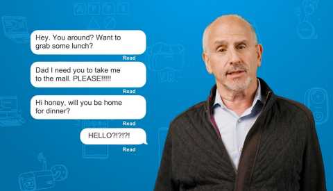 Columnist Ed Baig standing in front of a blue background next to text message bubbles