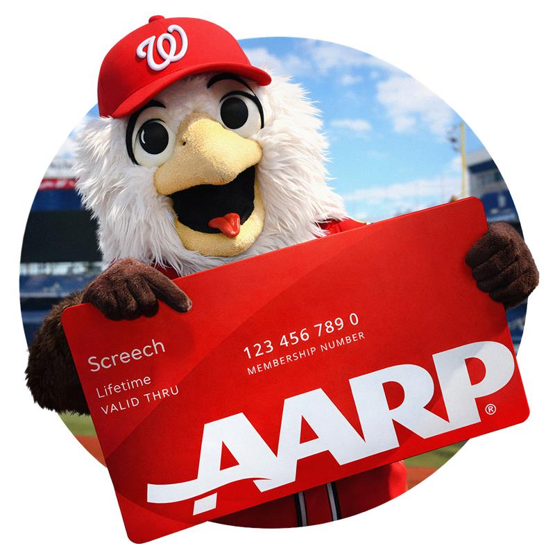 washington nats mascot screech holding aarp member card