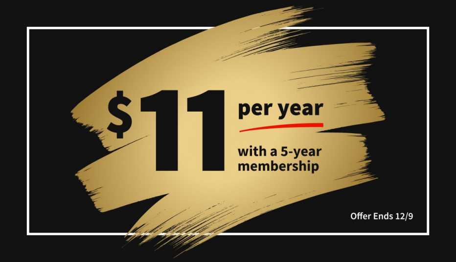 $11 per year with a 5-year membership sale on black background with gold brush stroke