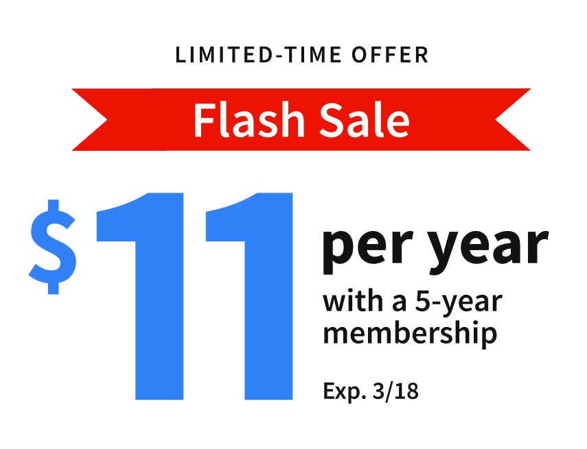 $11 per year with a 5-year membership sale on yellow gradient background with light rays