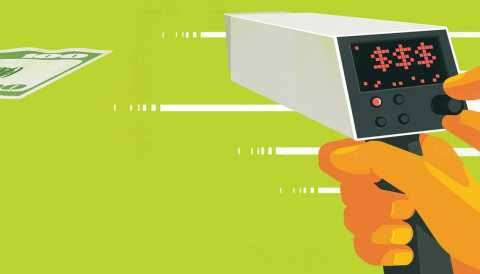 Fast Cash? Alternatives to payday loans hand holding up a speed tracker device and scanning fast moving cash paper money
