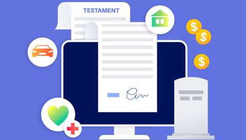 Illustration of a computer screen and the elements that are part of last wills and testaments and estate plans. Elements that are essential parts of valid wills and estate plans are illustrated and displayed around a desktop computer screen.