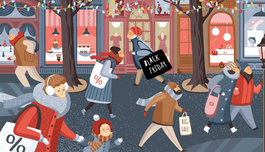 An illustration of busy shoppers on a wintery looking holiday decorated street carrying bags including one marked "Black Friday" Busy shoppers on a wintery looking holiday decorated street carry bags including one marked "Black Friday"