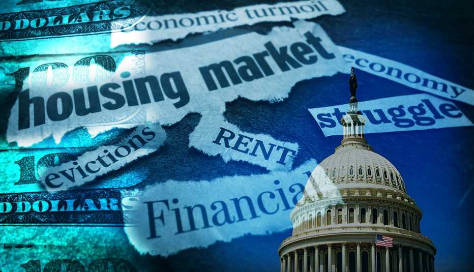 News about the economic impact of coronavirus is shown in a montage of headlines, the Capitol dome and money