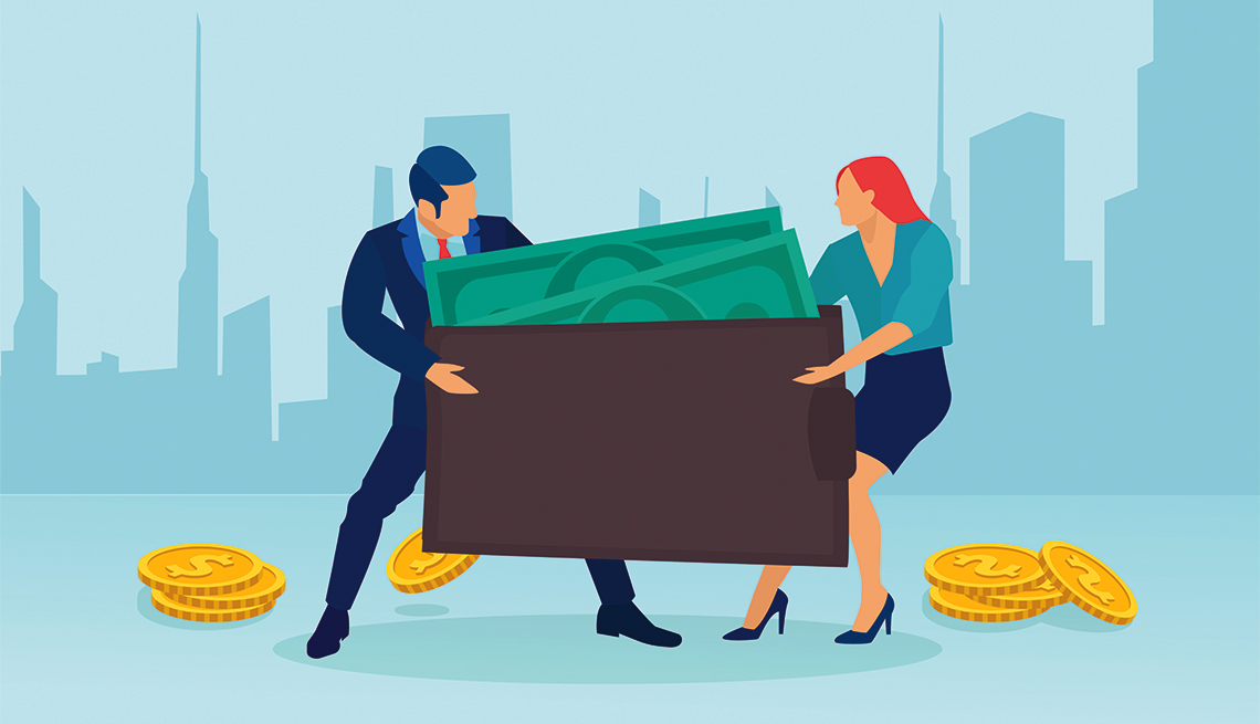 Illustration of a man and woman tugging at a big wallet full of money from opposite sides