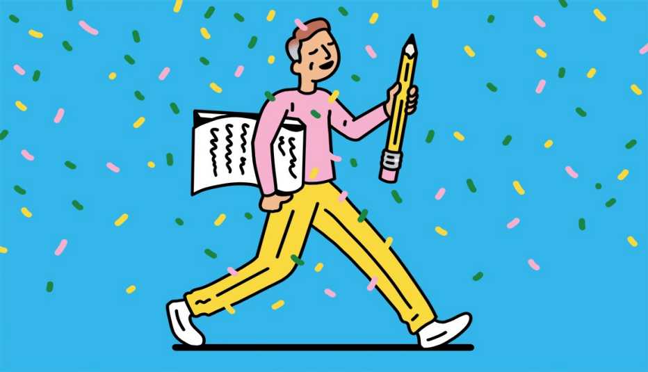 a man walking with a pencil and paper on a blue background with confetti falling