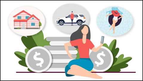 illustration of a woman with a thought bubble of a house a car and a pool