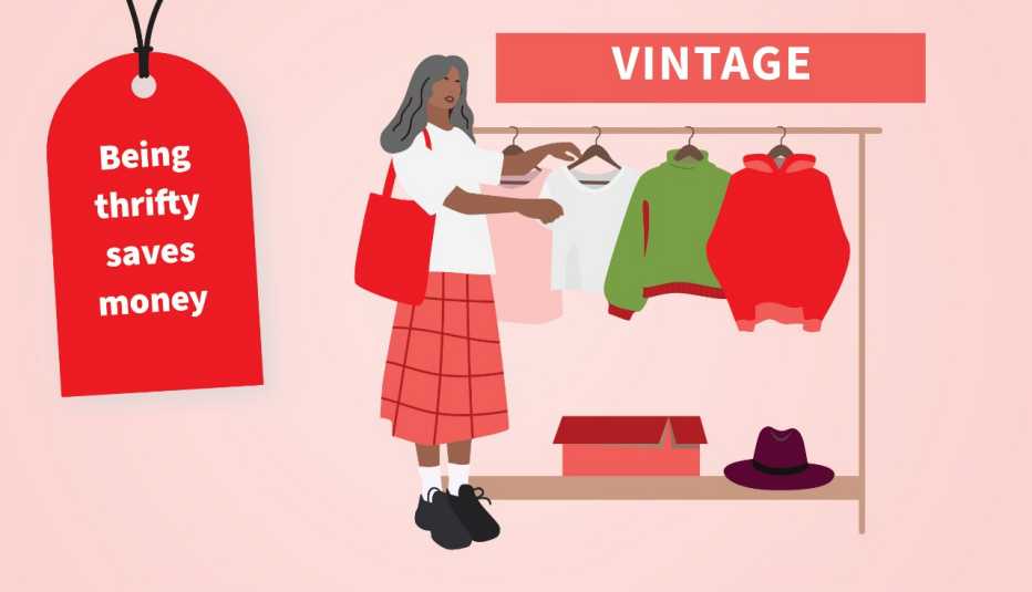 Buy used clothing to save money illustration of a woman shopping at a vintage store. being thrifty saves money