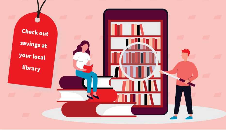 use the library to save money illustration of a woman sitting on books