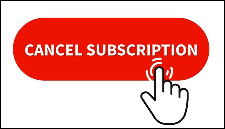 cancel unused subscriptions illustration of a finger pushing a red button that says cancel subscription