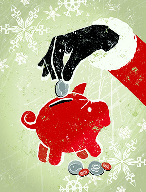old fashioned illustration of a santa hand putting a coin in a piggy bank old fashioned illustration of a santa hand putting a coin in a piggy bank