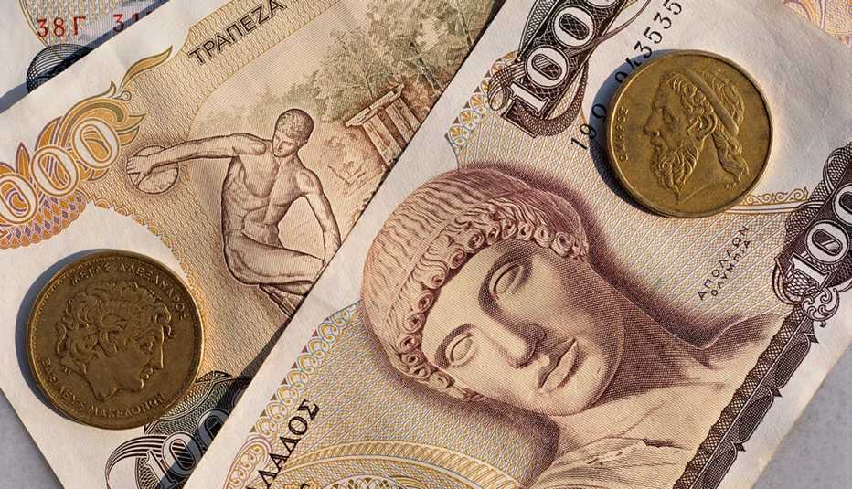 Greek drachmas currency notes and coins Greek drachmas currency notes and coins