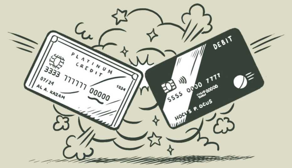 a credit card and a bank debit card going head to head in a clash