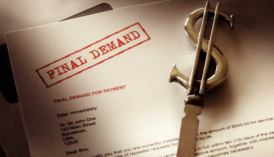 example of a final demand for payment letter from a debt collection agency with a letter opener in the shape of a dollar on top of it
