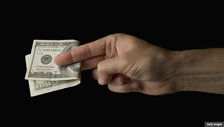 Hand holding hundred dollar bill fingers, say no family friends asking money