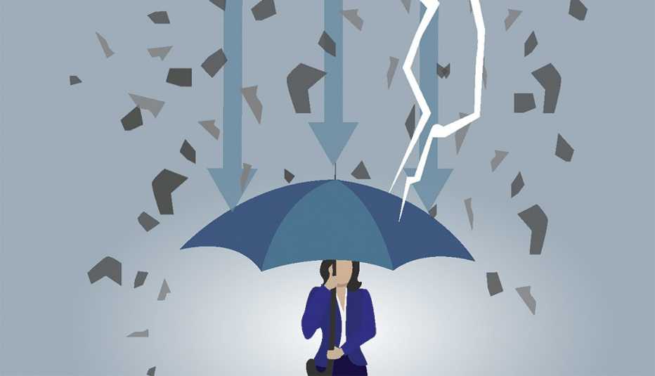 illustration of a woman holding umbrella deflecting thunderbolts and downward arrows overhead