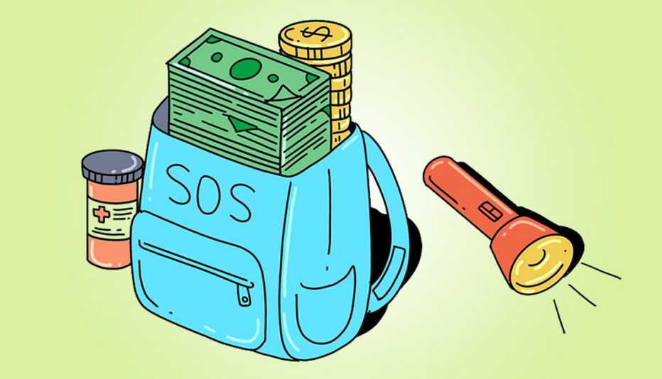 backpack filled with cash and emergency supplies