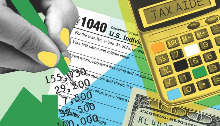 collage of tax items a ten forty form hundred dollar bill calculator with the words tax aide spelled out