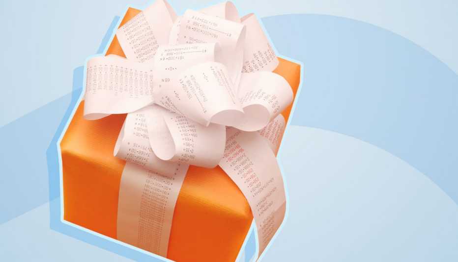 Gift returns - don't wait too long! a wrapped gift with a long reciept used as a ribbon