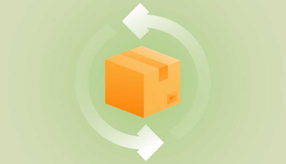 cardboard shipping box with recycle or return symbols around it