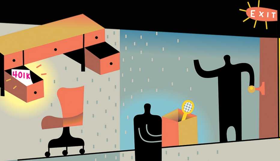 Illustration of an office being emptied, with a 401(k) document left behind in a desk drawer