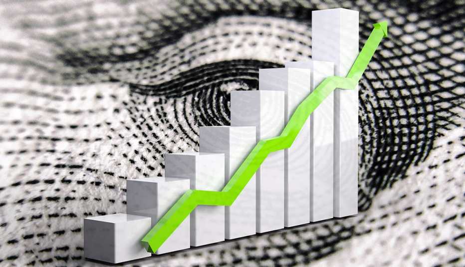 A rising green arrow superimposed on a bar chart and extreme closeup of U.S. currency