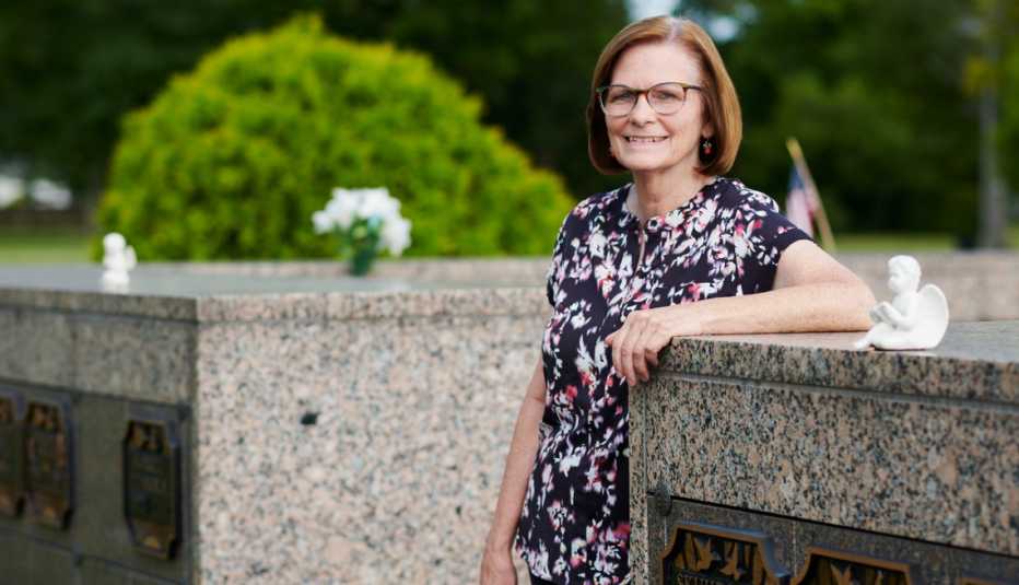 jan lorko photographed in the cemetary where she bought mausoleum crypts in ohio