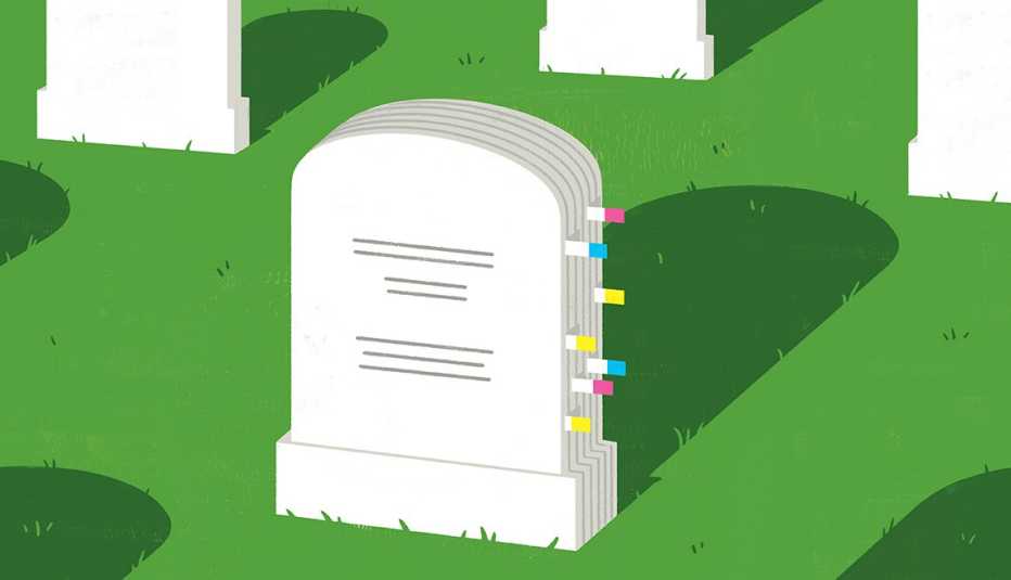 headstone with marker tabs as if it were a binder of documents