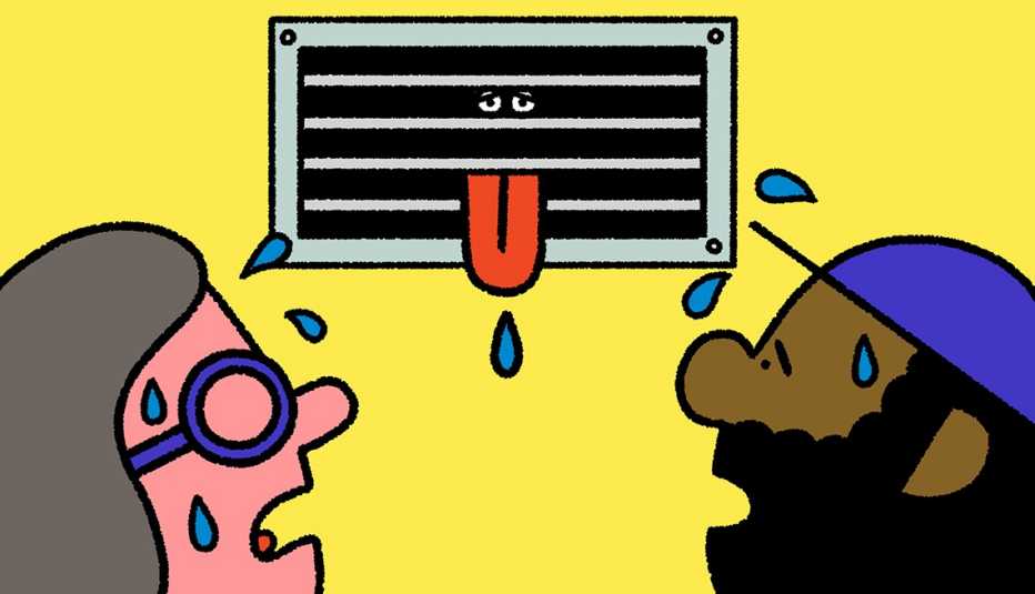 cartoon of two people looking sadly at their air conditioning vent which has died