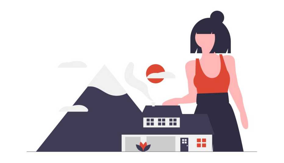 conceptual illustration of a woman looming over a house and mountain with red sun in the background