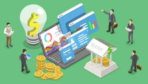 cartoon of various financial concepts, online financial planning, banking, money ideas, consultants