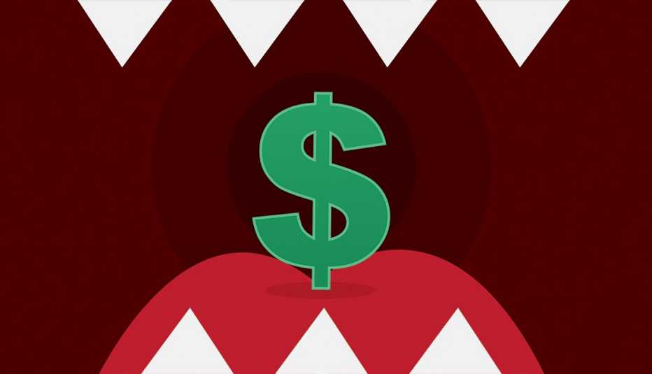 illustration of a dollar sign inside a mouth with sharp teeth