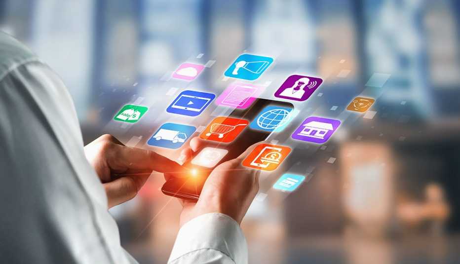 a mobile phone with semi-transparent icons of shopping apps floating above the screen