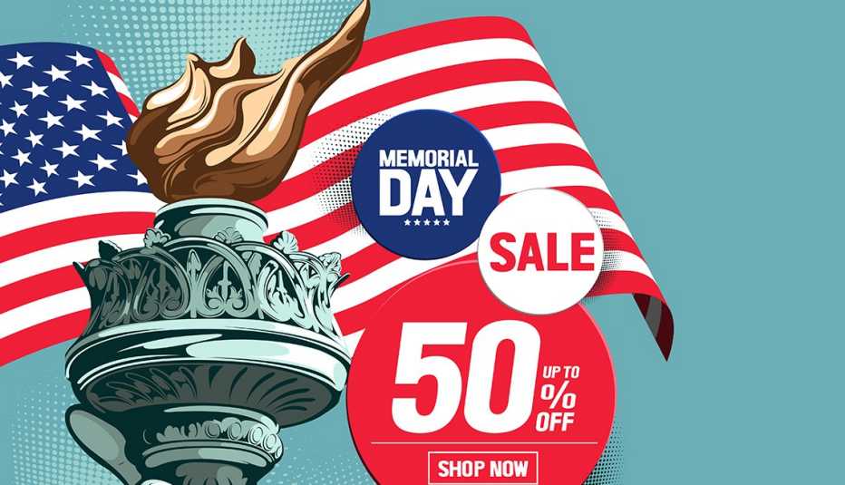 illustration of advertisement for Memorial Day Sale with American flag and the hand of the Statue of Liberty