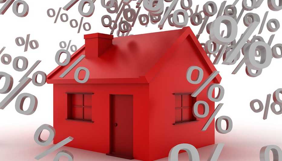 illustration that shows a lot of percentage figures falling around a red house 