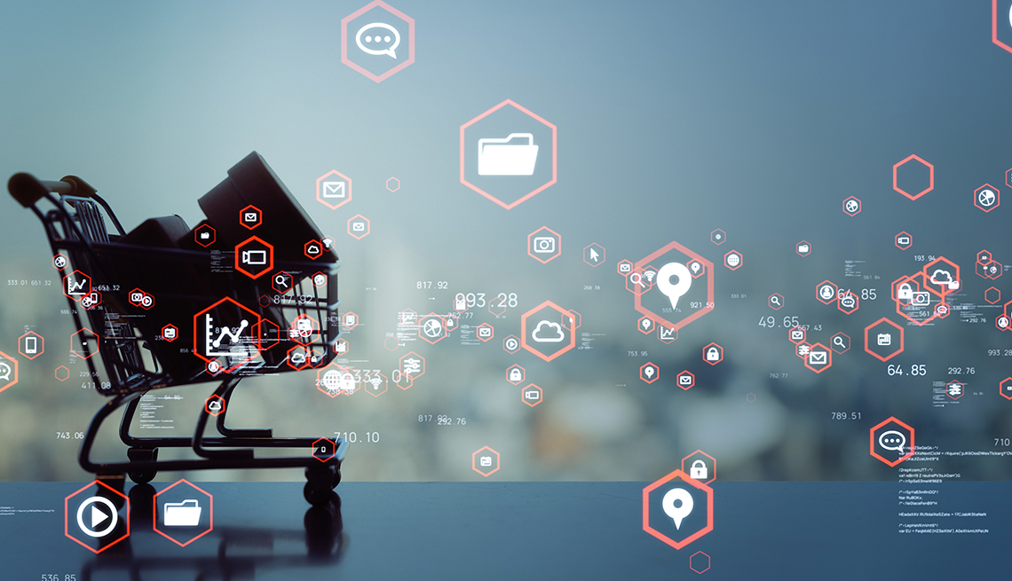 illustration of e-commerce with a shopping cart surrounded by a field of semi-transparent computer icons and numbers 