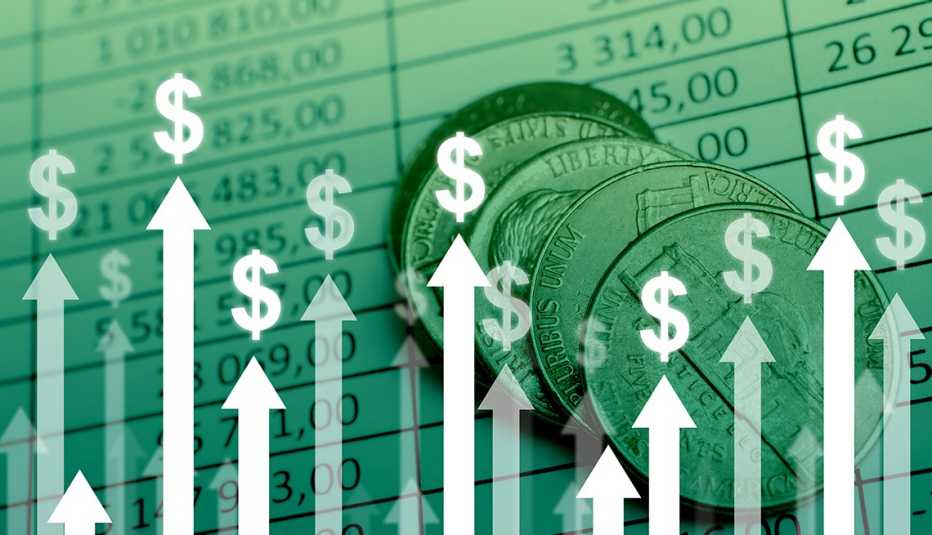 a green tinted numbers spreadsheet superimposed with coins and arrows with dollars signs in vertical directions