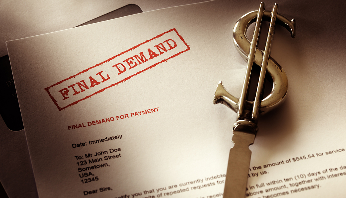 example of a final demand for payment letter from a debt collection agency with a letter opener in the shape of a dollar on top of it