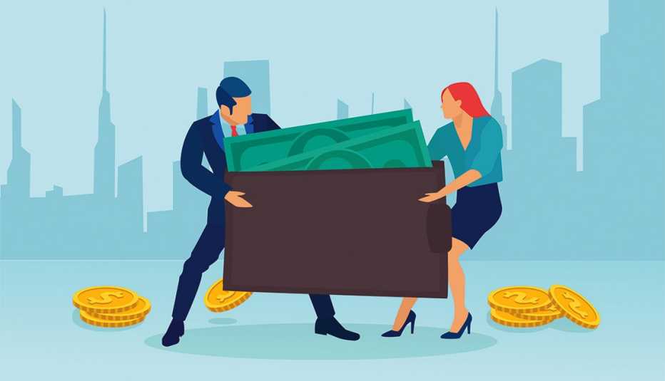 Illustration of a man and woman tugging at a big wallet full of money from opposite sides