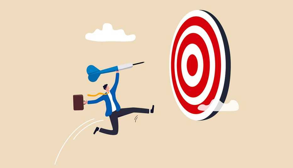 A confident guy holding dart takes a flying leap towards a dartboard's bullseye. A confident guy holding dart takes a flying leap towards a dartboard's bullseye.