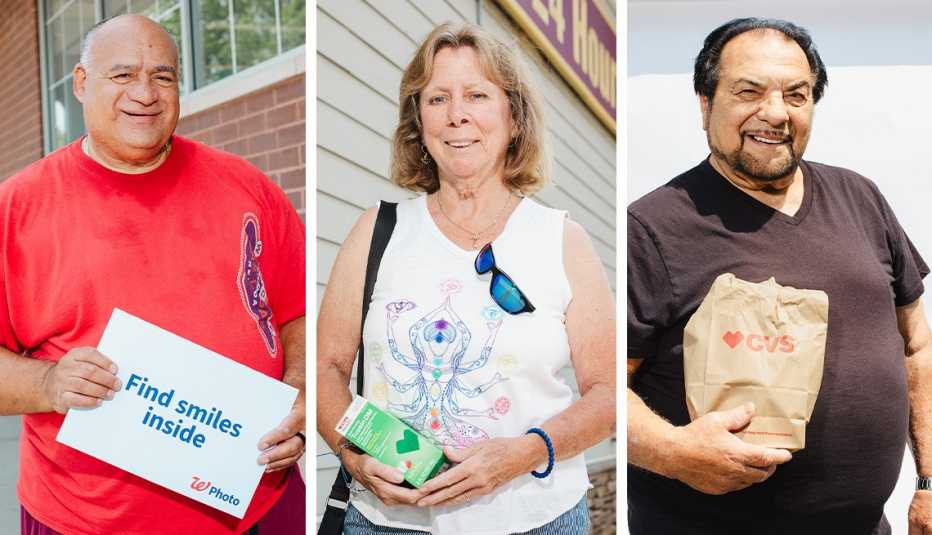 drugstore shoppers holding their purchases in three separate photos from left to right are george pitre jane wilkinson and anthony serra